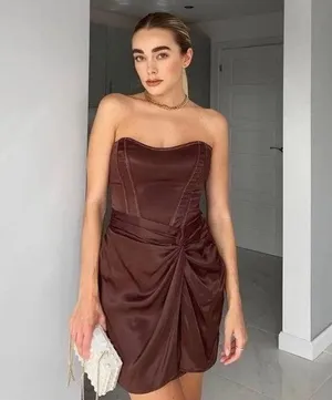ZARA Bloggers Favorites Brown Topstiched Draped Dress thumbnail 2