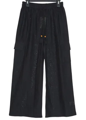 Salty Lemon NWT Wide Leg Pants Cotton Laser Cut Cargo Sheer Boho Lightweight Pull On Black M thumbnail 1
