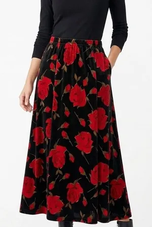 Coldwater Creek Black Velvet Maxi Skirt Red Rose Floral Print Size L Petite thumbnail 1
