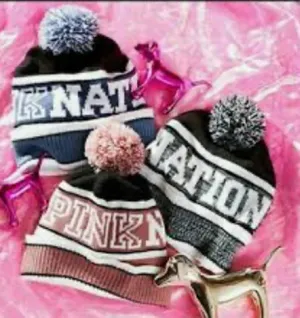 PINK Victoria’s Secret Black & White Pom Pom Beanie thumbnail 2