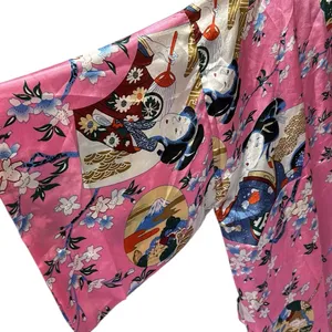 Pink Geisha Lotus Floral Satin Pocket Kimono Robe Tie Belt One Size Fits Most thumbnail 7