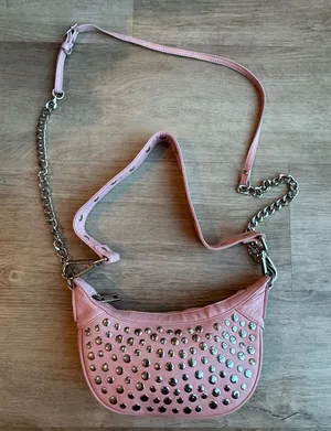 Núnoo Pluto Rivet Silky Pink Leather Crescent Studded Shoulder Bag Y2K thumbnail 1