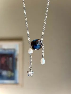 Handmade cube ceramic bead unique boho fairy necklace💙 thumbnail 3