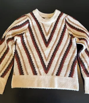 Evereve Womens Chevron Striped Knit Sweater Brown Cream‎ Small Zig Zag Crewneck thumbnail 1