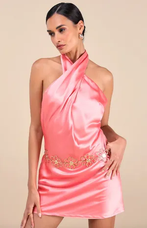 Lulus Satin Mini Halter Dress Pink Sleeveless Party Glam Backless Small NWT thumbnail 1