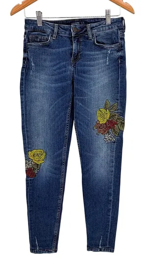 Zara Basic Z1975 Denim Women Blue Embroidered Rose Skinny Jeans Boho Size 4‎ thumbnail 1