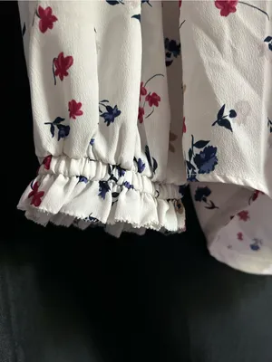 Ann Taylor White Floral Bell-Sleeve Blouse Red, Navy & Tan Print LG thumbnail 7