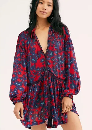 NEW Free People Red Floral Bohemian Keyhole Long Sleeve Mini Dress LRG Tunic thumbnail 1