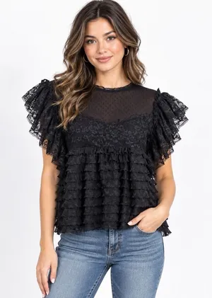 Maeve Anthropologie Black Ruffled Tulle Lace Blouse Sheer Polka Dot Mesh Top L thumbnail 1