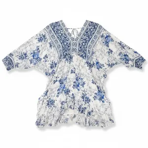 Lulus Blue and White Floral Toile Print Ruffled Mini Dress Large NWT Boho V-Neck thumbnail 2