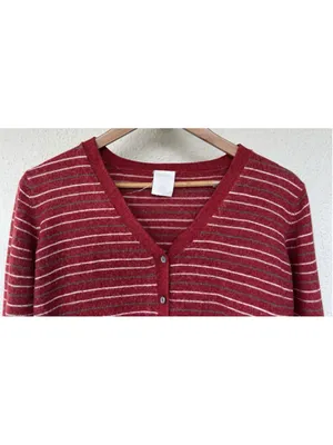 VTG Old Navy Red Striped V Neck Button Cardigan Sweater Wool Blend Prep Academia thumbnail 2
