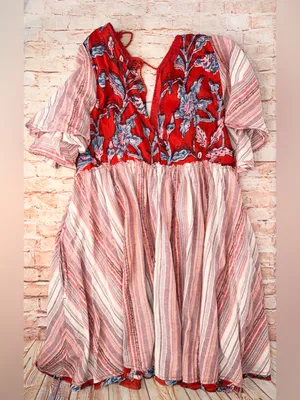 Free People Under The Sun Tunic Dress Floral Striped Red Rome thumbnail 12