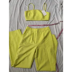 Aria Chartreuse Lime Two Piece Crop Top Wide Leg Pants Matching Set thumbnail 4