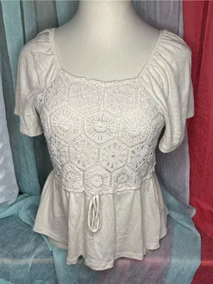 Maurices Cream Crochet Peplum Tunic Top thumbnail 1
