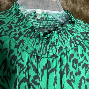 Banana Republic Midi Pleated Dress Green Satin Party Holiday Animal Print size M thumbnail 5