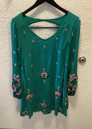 Free People Teal Green Embroidered Floral mini dress thumbnail 1