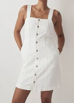 Madewell Denim Square-Neck Sleeveless Mini Dress in Tile White Size 16 thumbnail 1