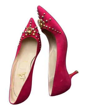 Christian Louboutin - Pink Suede Studded Pointed Toe Kitten Heel Pumps Sz 37 thumbnail 1