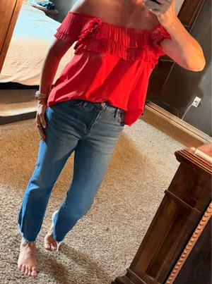Entro Red Pleated Ruffle Off Shoulder Top Size L Cottagecore Boho thumbnail 1