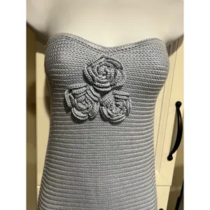 MORE TO COME Cherlee Maxi Dress Blue Strapless Knit Floral Applique Medium M NWT thumbnail 6