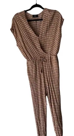 Vici Jumpsuit Womens Small Brown White Short‎ Sleeve Waist Tie Soft Rayon Romper thumbnail 1