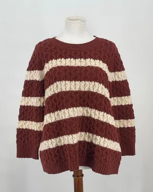 J.Crew Merino Wool Chunky Knit Stripe Sweater Chocolate Brown‎ Cream Size L thumbnail 1