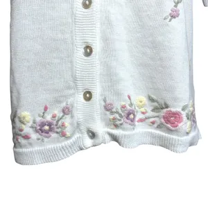 Vintage White Floral Embroidered Short Sleeve Cardigan Sweater Cottagecore Small thumbnail 5