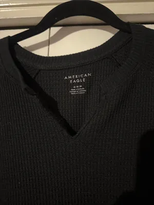 American Eagle Black Waffle Knit V-Notch Crew Top thumbnail 2