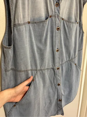 Free People NEW We The Free Chambray Denim Button Front Loose Mini Shirt Dress - Size L thumbnail 6