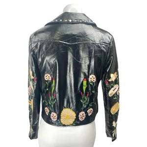 Elli White Black Faux Leather Floral Embroidered Studded Moto Biker Jacket Sz S thumbnail 3