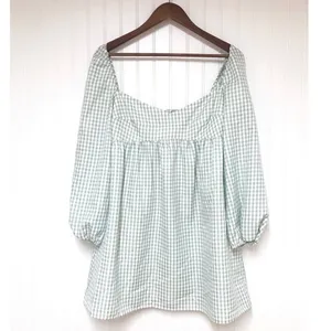 GIANNI BINI Green Gingham Mini‎ Peasant Dress Long Sleeves Low Cut Size 8 New thumbnail 3