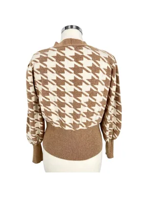 Joie Beige Houndstooth Puff Sleeve Cardigan Sweater Dark Light Academia Medium thumbnail 4