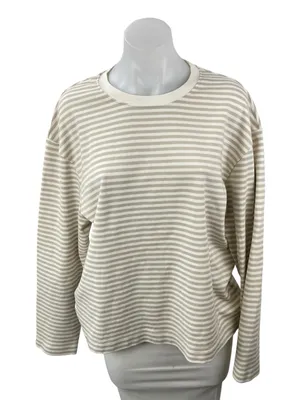 Zara Women's White Gray Striped Crew Neck Long Sleeve Sweatshirt Sweater Top L thumbnail 1