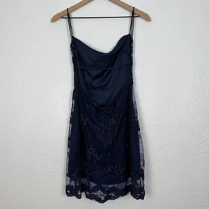 Lucy in the Sky Navy Blue Floral Mesh Open Back Mini Dress Size Large thumbnail 3
