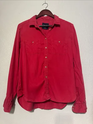 American Eagle Red Lyocell Weekender Boyfriend Utility Button Down Shirt M thumbnail 2