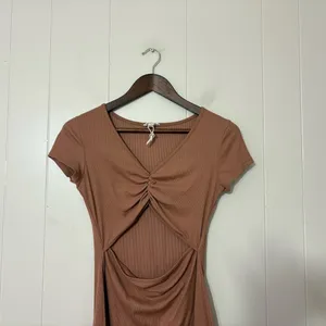 See You Monday Brown Cutout Mini Dress Womens L Ruched Bodycon Ribbed thumbnail 2