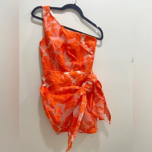 Showpo. Jacquard mini dress wrap neon embroidered One shoulder asymmetrical thumbnail 2