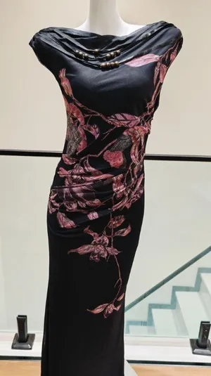 Women Black Floral Print Maxi Dress Off Shoulder Draped Neck Bead Detail Side Ruched Slim Bodycon thumbnail 1