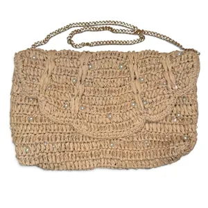 NWOT J.Crew Raffia Straw Small 9 x 6" Purse or Clutch Bag Pearls Gold Chain thumbnail 2