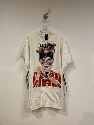 Longdeng Button Up Tunic Shirt Womens Large White Collared Graphic Print Top thumbnail 2