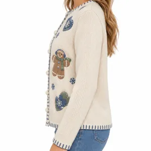 Croft & Barrow Gingerbread Christmas Cardigan Sweater Women’s S Cream 24” Length thumbnail 3