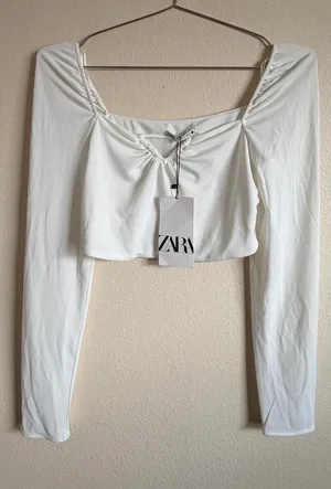 ZARA White Long Sleeve Square Neck Ruched Crop Top Women‎ Size M thumbnail 1