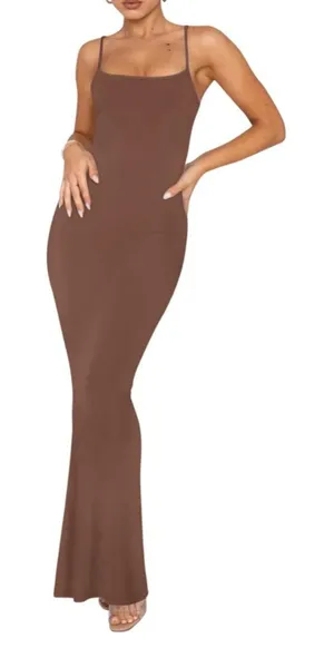 NWT REORIA Ribbed Bodycon‎ Maxi Dress Brown Sleeveless Lounge Slip Dress XS thumbnail 1