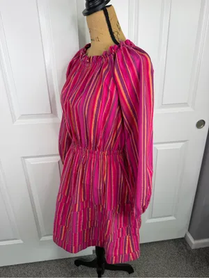 BURU Size S Pink Striped Cotton Long Sleeve Tiered Mini Dress thumbnail 8