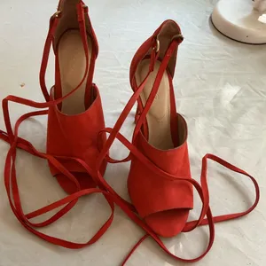 Aldo Red Suede Open Toe Stiletto Heels with Ankle Wrap Straps thumbnail 1
