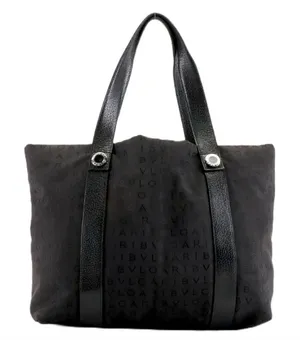 Bvlgari "Logo Mania" Black Signature Print Canvas Tote Bag With Leather Trim thumbnail 1