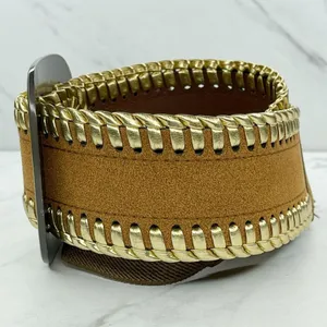 Brown Faux Suede Stretch Belt Metallic Gold Lacing Large/XL (L/XL) ✨ thumbnail 2