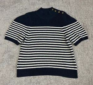 Maeve Sweater Womens Large Divendra Navy Cream Stripe Button Shoulder Nautical ￼ thumbnail 1