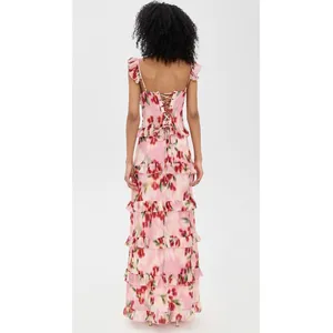 Runaway The Label Pink Floral Tulip Ruffle Tiered Corset Maxi Dress PO-4014 L thumbnail 2