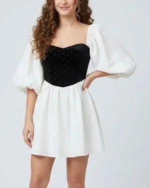 NEW For Love & Lemons Black White Velvet Polka Dot Puff Sleeve Mini Dress XS thumbnail 1